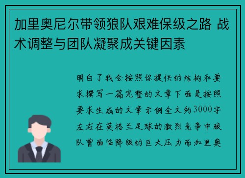 加里奥尼尔带领狼队艰难保级之路 战术调整与团队凝聚成关键因素